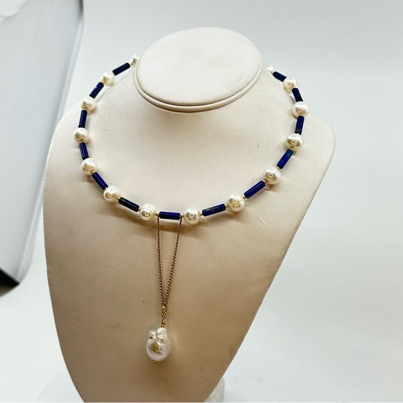 C106 New Handmade Natural Freshwater Pearl and Lapis Lazuli Choker - Picture 9 of 14